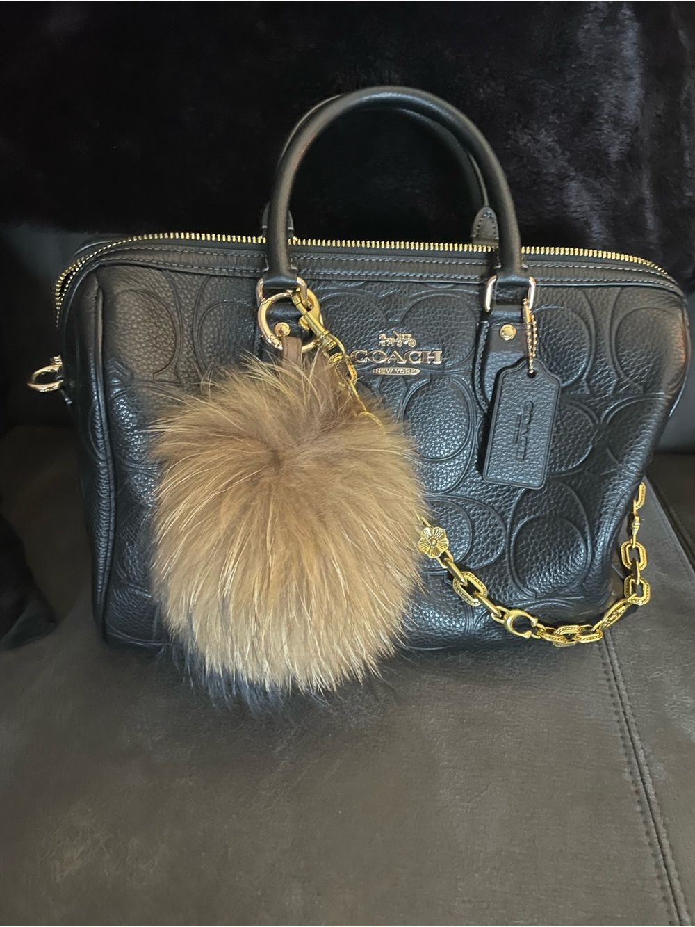 Coach Black Embossed Leather Satchel with Tan Fur Pom and Gold Chain